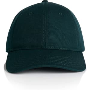A dark green cap featuring a curved brim and a fitted design, with stitching details and a branding logo.