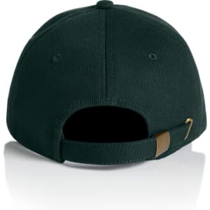 A dark green cap featuring a rear strap and a logo, designed for casual headwear.