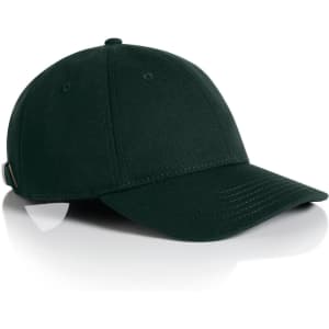 A dark green cap with a curved brim and an adjustable strap, featuring a logo on the side.