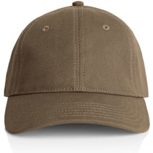 A khaki cap with a structured front and ventilation holes, featuring a simple logo on the side.