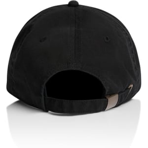 A black five panel cap with an adjustable strap at the back and a small logo on the side.