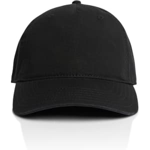 A black five-panel cap with a curved brim and an adjustable strap at the back, featuring a subtle logo.