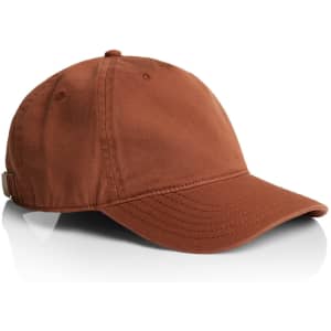 A brown five-panel cap with a curved brim and an adjustable back strap. It features a logo.
