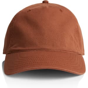 A brown five-panel cap with a curved brim and a fitted design; features a logo on the front.