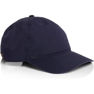 A navy five-panel cap featuring a curved brim and a branded tag on the side.