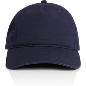 A navy blue five-panel cap with a structured design and a logo on the front.