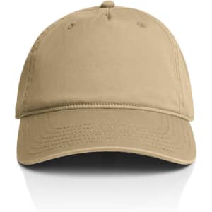 A khaki five panel cap featuring a logo on the front and stitched detailing on the peak.