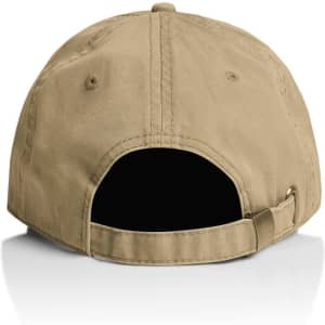 A tan five-panel cap featuring a rear adjustable strap and an interior lining, with a branding logo present.