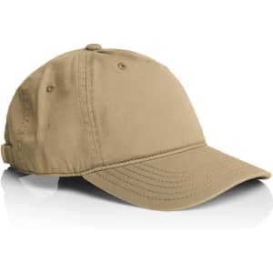A beige five panel cap with a curved brim and an adjustable strap at the back, featuring a logo.