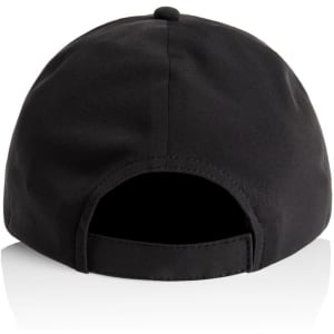 A black cap with a rounded back and an adjustable strap, featuring a logo.