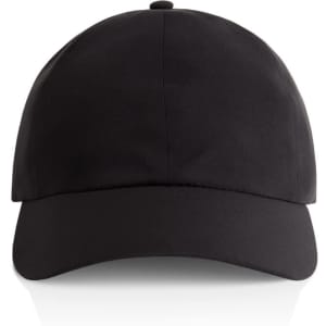 A black cap with a curved brim and a logo on the front, featuring a structured design and adjustable strap.