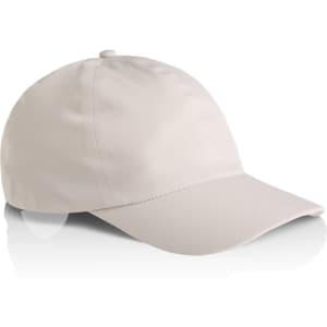 A beige cap with a rounded crown and a curved brim, featuring a logo on the front.