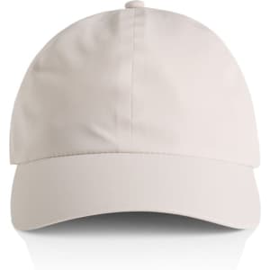 A beige cap featuring a curved brim and a smooth fabric surface, with a logo on the front.