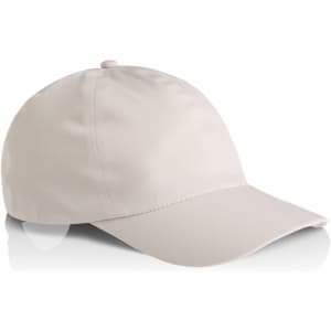 A beige cap with a rounded crown and a stiff visor, featuring a branding logo.