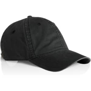 A black faded cap with a curved brim and a logo on the side, displayed at an angle.
