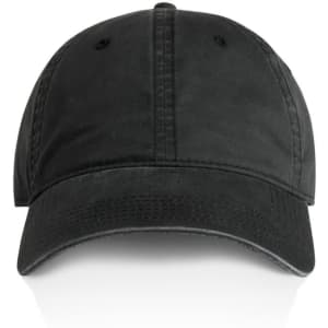A black cap featuring a structured front panel and a curved brim, with a logo on the side.
