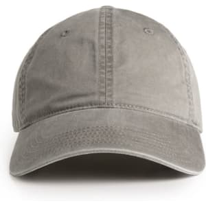 A grey cap with a curved brim and stitched detailing, featuring a logo on the front.