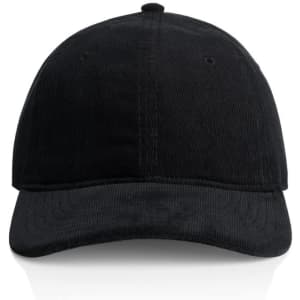 A black cap with a curved brim and a rounded top, featuring a logo on the front.