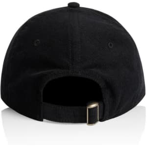 A black cord cap featuring an adjustable strap at the back. It has a branded logo.