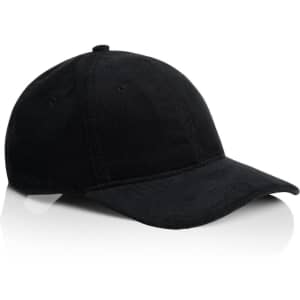 A black cord cap with a curved brim and a logo on the front. The cap has a textured fabric design.