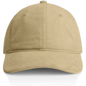 A light brown cord cap with a curved brim, featuring a simple design and a logo on the front.