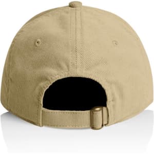 A khaki cap featuring a simple design and a rear adjustable strap. It has a logo on the back.