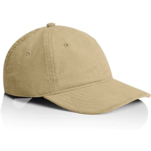 A beige cord cap with a curved peak and a logo on the front. The fabric has a textured appearance.