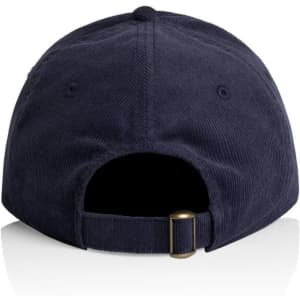 A navy blue cap with a curved brim and an adjustable strap. The back features a metal buckle and has a logo.