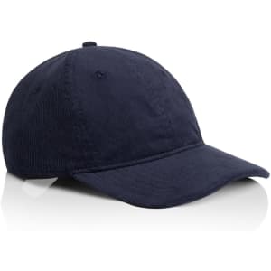 A navy blue cap with a curved brim and an adjustable strap at the back, featuring a logo.