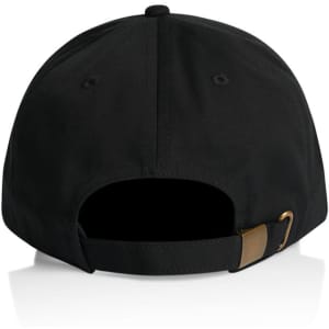 A black cap with a curved brim and an adjustable strap at the back. It features a logo.