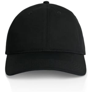 A black cap with a curved brim and adjustable strap at the back, featuring a logo.