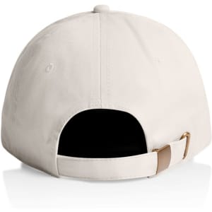 A cream-coloured cap featuring a buckle closure at the back and a logo.