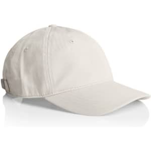 A light-coloured cap with a curved peak and a strap at the back, featuring a logo.