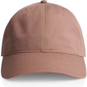 A beige cap with a rounded crown and a curved brim, featuring an unembellished design and a logo.