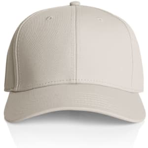A beige cap with a structured front, featuring an adjustable strap at the back and a logo.