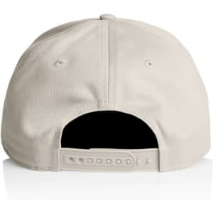 A beige cap with a black interior and an adjustable strap at the back. Features a logo.