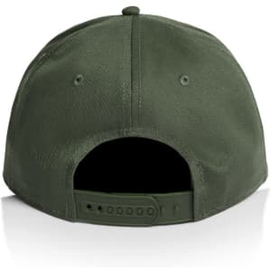 A green cap featuring a rear adjustable strap and a logo on the back.