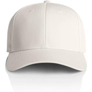 A white cap featuring a structured design and a logo on the front. Ideal for casual headwear.