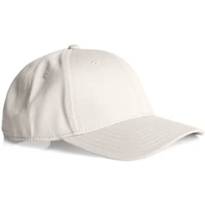 A beige cap featuring a curved brim and a structured design, with a logo on the front.