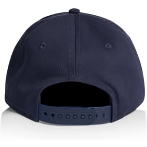A navy blue cap featuring a structured design and an adjustable strap at the back, with a logo.