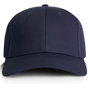 A navy blue cap with a structured design and a front panel featuring a logo.