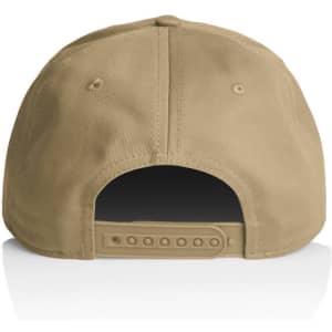 A khaki cap featuring a flat back and an adjustable strap. It has a logo on the back.