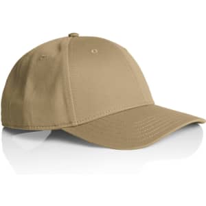 A beige cap with a curved brim and adjustable back, featuring a logo on the front.