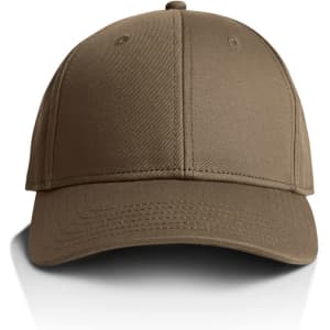 A brown cap with a structured front and a curved brim, featuring a logo on the front.
