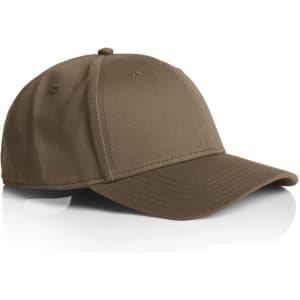 A brown cap with a curved brim, featuring stitching details and a logo on the front panel.