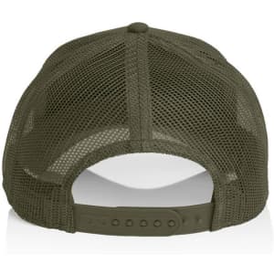 A trucker cap in olive green with a mesh back and an adjustable snap closure.