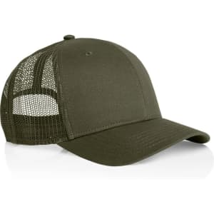 An olive green trucker cap with a mesh back and a solid front panel. It features a logo.