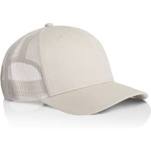 A beige trucker cap with a solid front and mesh back, featuring a logo on the front.