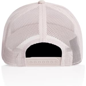 A trucker cap in light pink with a mesh back and adjustable snap closure. It features a logo on the side.