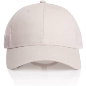 A light beige trucker cap with a solid front panel and mesh sides. It features a logo on the front.